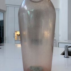 19” Tall Italian Thick Art Glass Floor Or Table Vase. Made In Italy. Antique Murano? Pink Iridescent Hues. Use Bamboo Sticks, Flowers, Feathers, Etc.