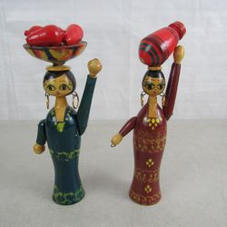 Vtg 1988 Egyptian Folk Art Wooden Spindle Dolls 2 Women 9 1/2" Tall


