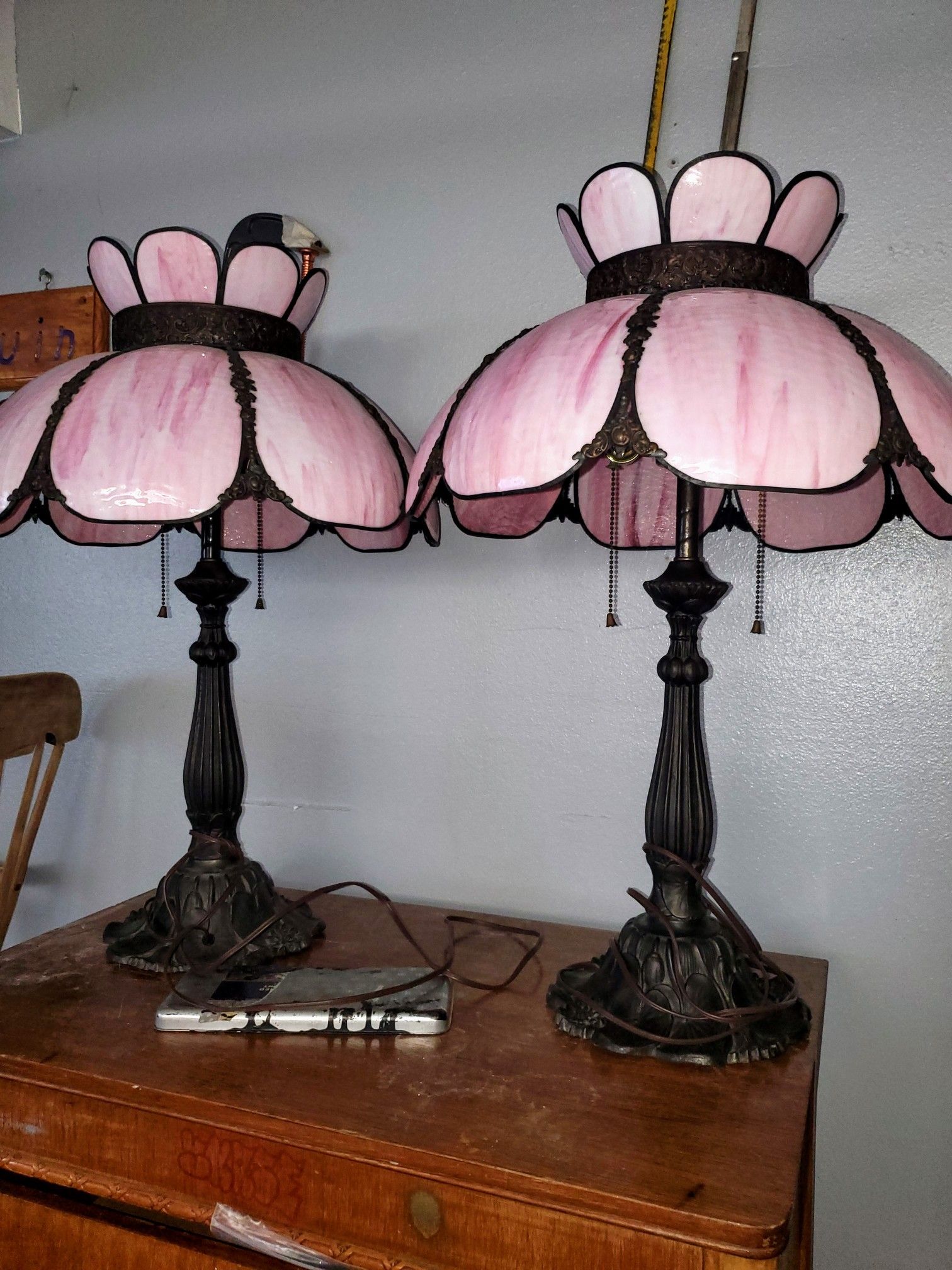 Antique tiffany style slag glass table lamps