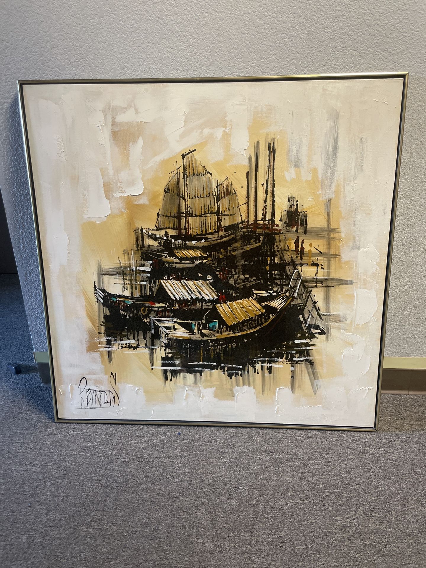 Lee Reynolds - Chinese Junk Boats - Oil Painting On Canvas 41” X 41” Excellent Condition - Free Local Delivery