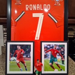 CRISTIANO RONALDO OF THE PORTUGAL SOCCER TEAM, BRANDED,AUTHENTIC FRAMED JERSEY WITH ACTION FIGURE.