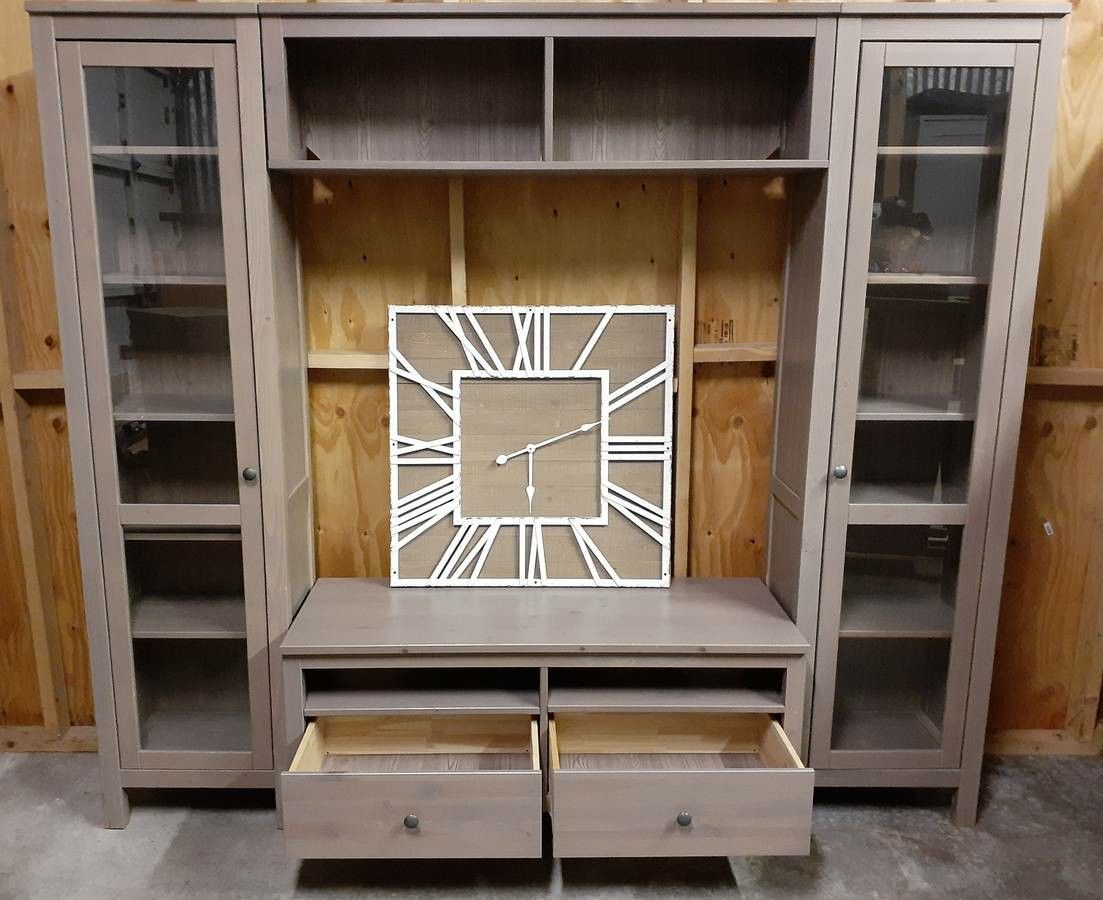 PRICE FIRM, Available - Solid Wood IKEA Hemnes Glass-door Display Cabinets, TV Stand and Top Bridging-Wall Shelf