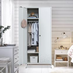 New assembled Bedroom Armoires, White Metal Armoire with Hanging Rod, Adjustable Shelves, 20" D x 31.5" W x 74" H - White