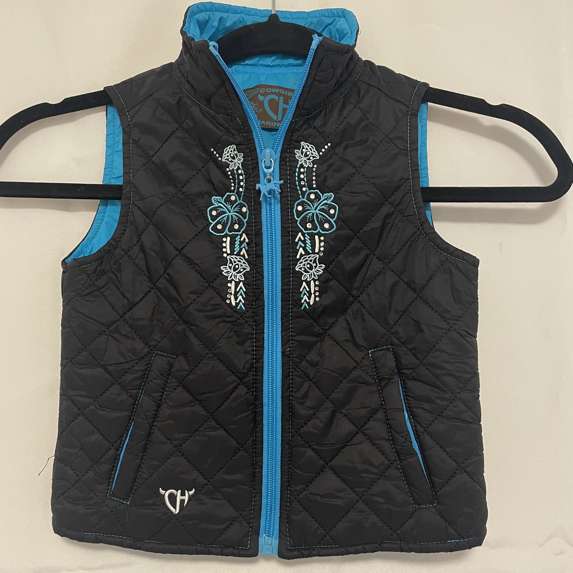 Cowgirl Hardware Black & Blue Quilted Vest 2T Embroidered Floral Rhinestone Western