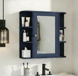26 in. W x 24.75 in. H Rectangular Blue Surface Mount Medicine Cabinet with Mirror, Adjustable Wood Shelf & Doors