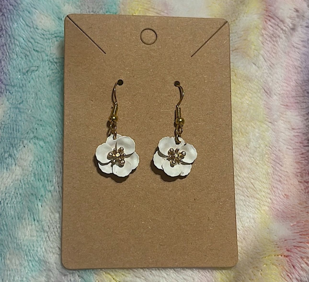 Gold and White Flower Dangle Earrings