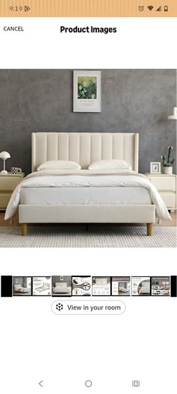 Cream Upholstered Platform Bed Frame with Wingback Headboard