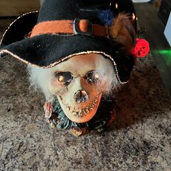 Vintage Halloween Fiber Optic Skull Head With Witch Hat