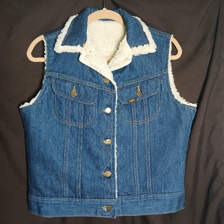 VTG Lee Blue Jean Denim Sherpa Lined Vest Woman 11/12 Western Biker Hippie