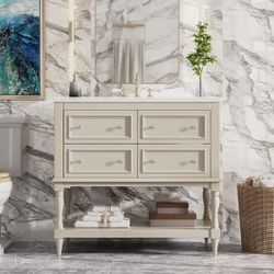 NEW Beige 36 in. W x 17.87 in. D x 33 in. H Solid Wood Bath Vanity Cabinet with Sink and 4 Drawers