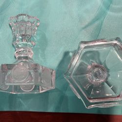 Set of Two Vintage Fostoria Coin Clear Glass Candlestick Holders