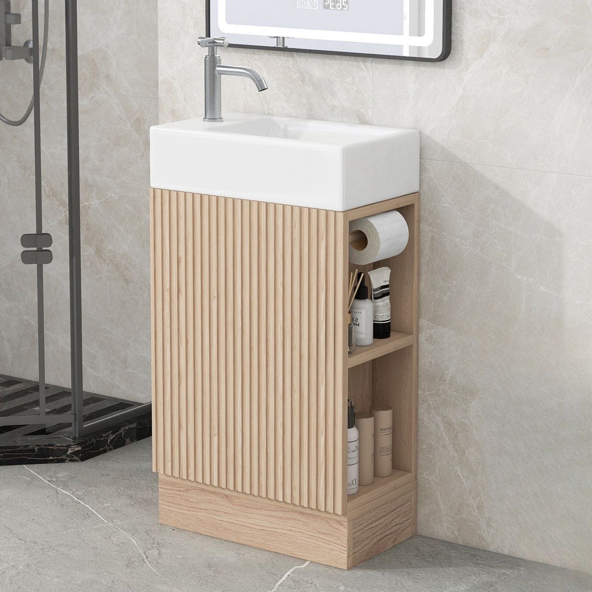 NEW Natural 18 in. W x 10 in. D x 33 in. H Single Freestanding Bath Vanity with White Ceramic Sink and Open Shelves