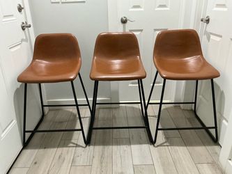 Set of 3 Brown Leather Counter Stools 24in