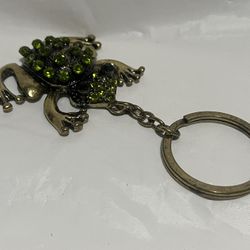 Green Rhinestone Frog Key Chain Ring Large Metal Toad Vintage Black Eyes