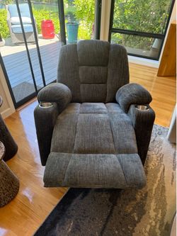 Dark Grey/Blue Power Recliner With Cupholders