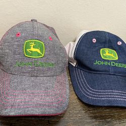 Bundle Lot Of 2 Women’s John Deere Hat Cap Pink Stitching Gray Blue White New
