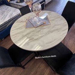 5-pc Round Dining Set White Faux Marble Top