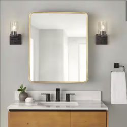 Rounded Corner Rectangular Brushed Gold Medicine Cabinet with Mirror