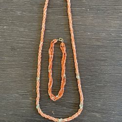 Vintage Orange Coral Beaded Necklace With Bracelet 