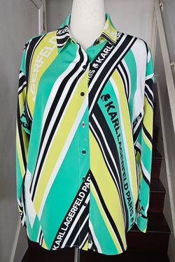 Karl Lagerfeld Paris Women's Striped Logo Button Up Shirt Large