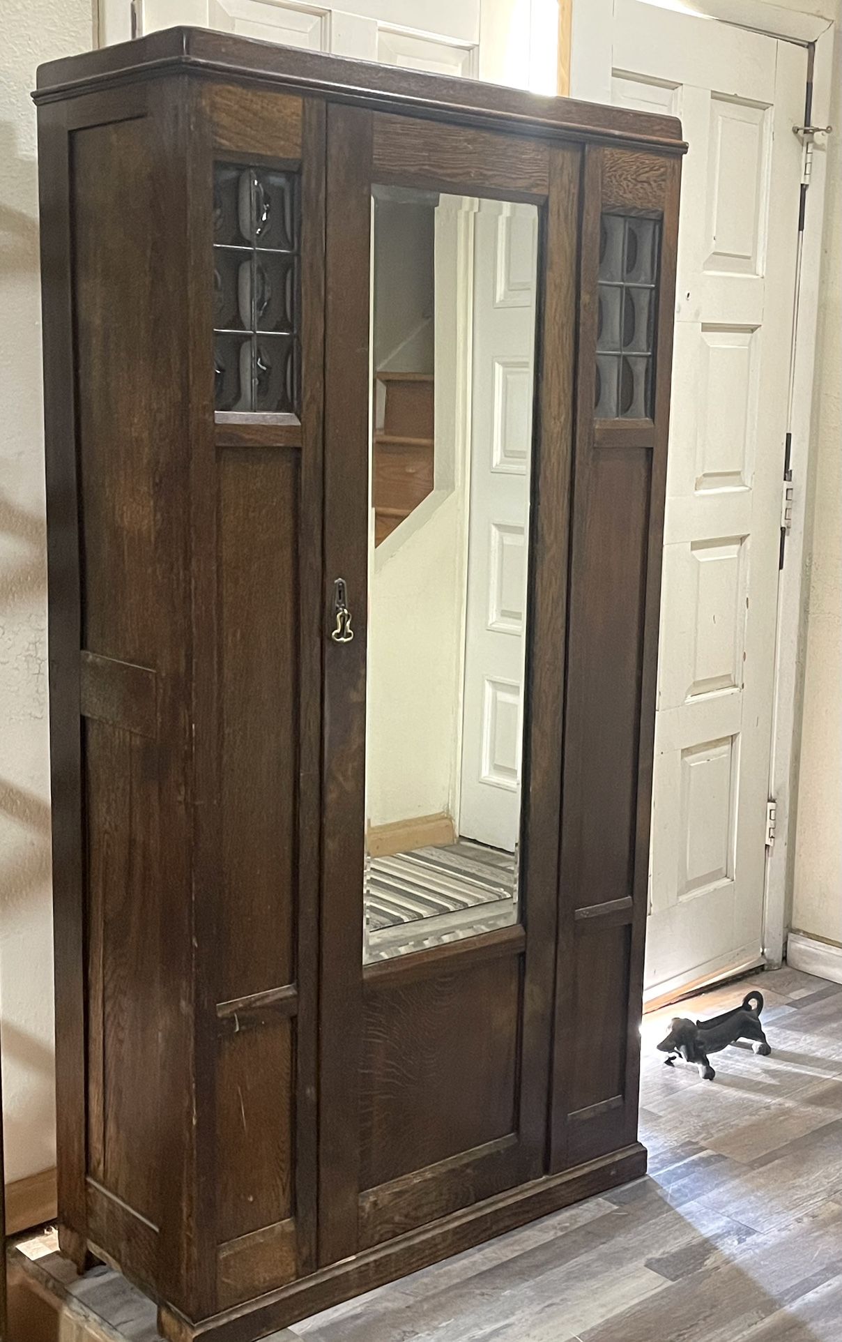 Gorgeous Antique Arts & Crafts 70” Oak Wood Wardrobe Cabinet