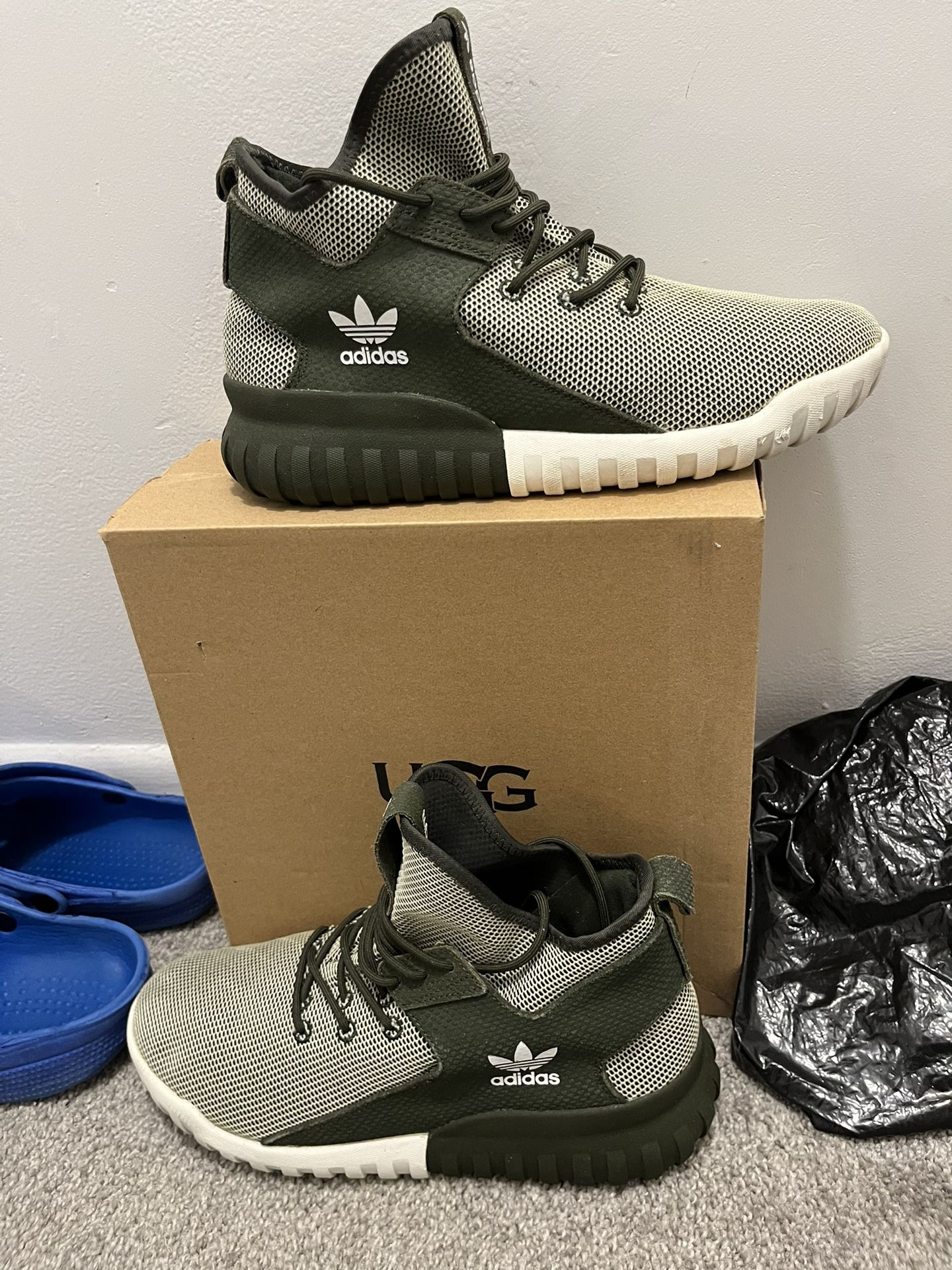 Jordan’s Size 9 (Grey/Black Size 9.5) $100.00, $90 $85, $80,) (Green/ White Adidas New Condition Size 9 $75)