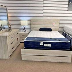 Coastal Bedroom Set Wood 4 Pcs Panel Bed New Set Bedroom 