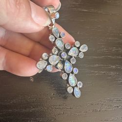 Beautiful 925 Sterling Silver Genuine moonstones cross pendant , marked 925 inside large bale