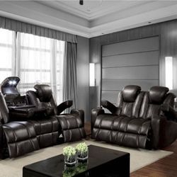Brand New Dark Grey Leather High Tech Power Reclining Sofa & Loveseat 