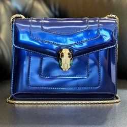 Bvlgari Serpenti Forever Square Crossbody Shoulder Bag Brushed Metallic calf Royal Sapphire Leather Receipt & Mirror