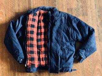 Vintage denim puffer jacket flannel in the inside.
