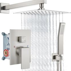 Shower Faucet Set Rain Shower System with Handheld Spray Bathroom Shower Combo Rough-in Valve and Shower Trim Kit Included Brushed Nickel 8 Inch Wall 