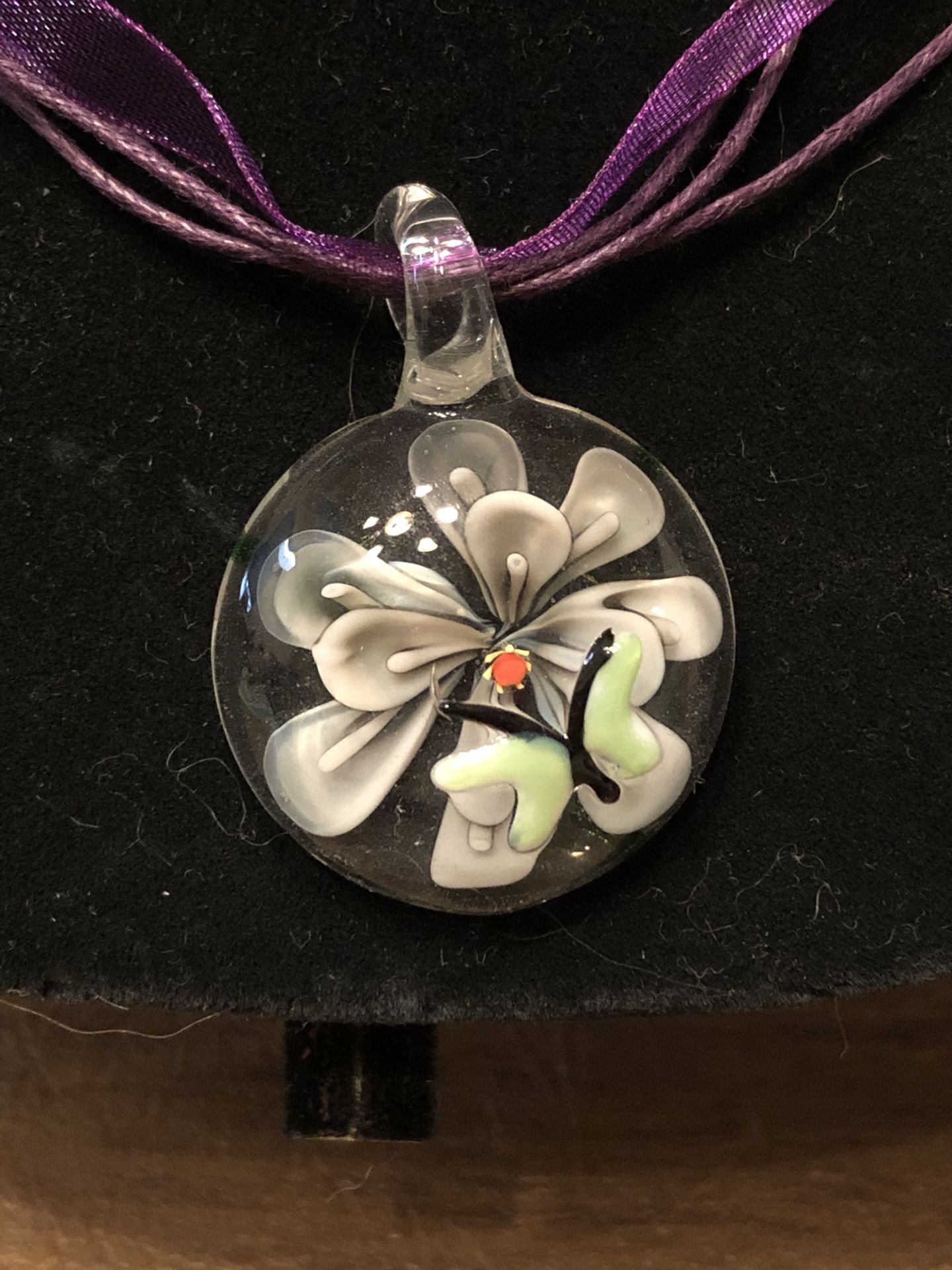 Purple Glass Flower And Butterfly Pendant Necklace
