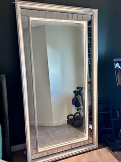 Large Silver Framed Floor Mirror with LED Lights and Mirrored Tile Border