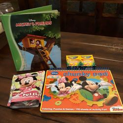 Kids Disney Mickey mouse And Friends Bundle ( Jumbo Coloring book W/crayons,Hardcover book, Puzzle )