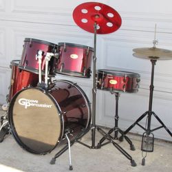 Red/Black Drum Set With Cymbals And Hardware