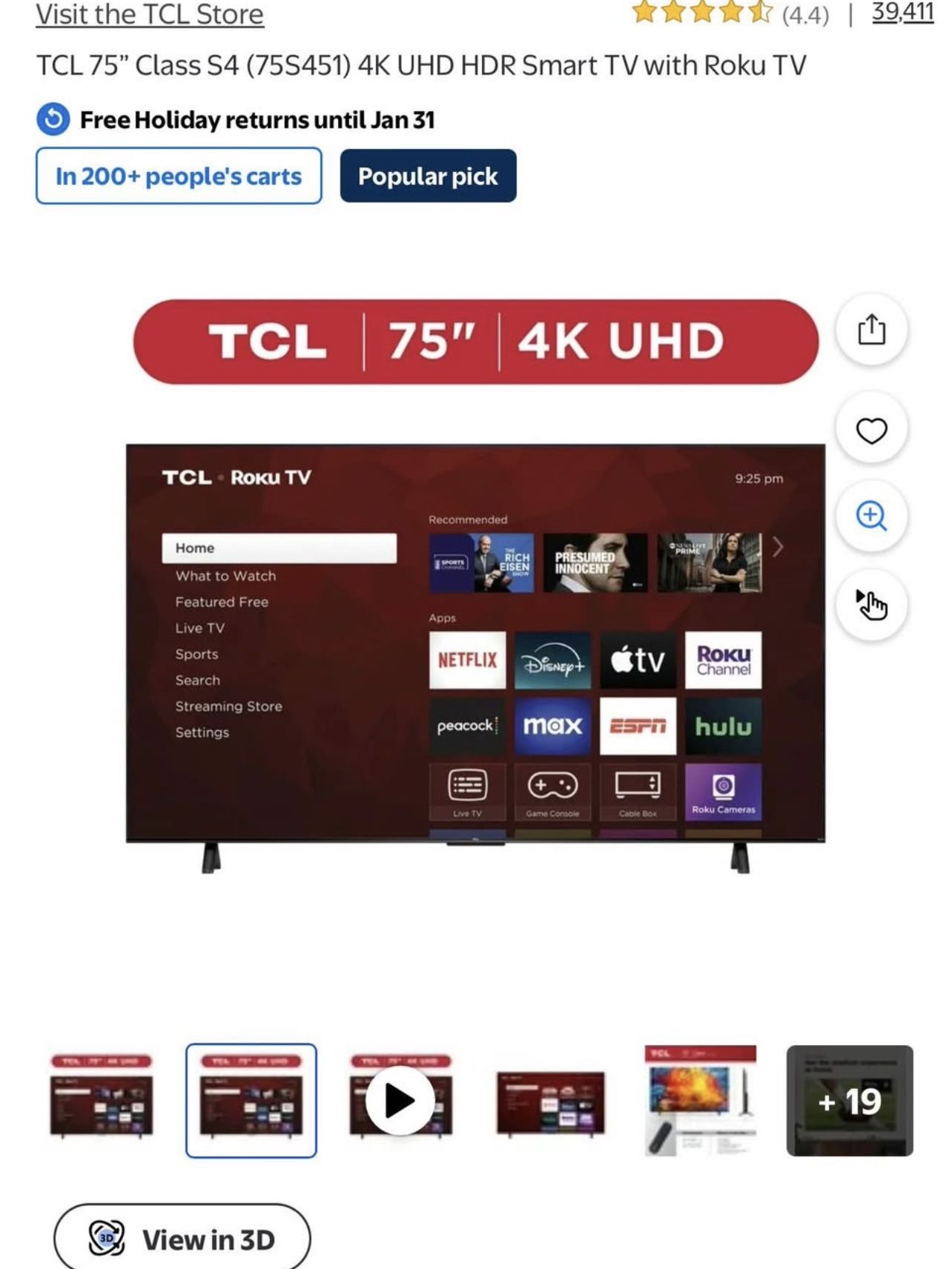 75 INCH TV TCL 4K SMART