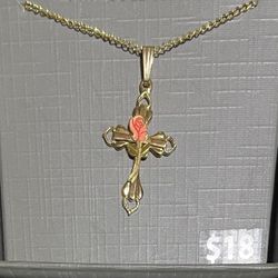 Brilliance Fine Jewelry Gold Filled Cross with Painted Rose Center Pendant, 18"