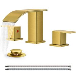 FORIOUS Brushed Gold Bathroom Faucets 3 Hole, Waterfall Square 8 Inch Widespread Bathroom Sink Faucet with Metal Pop-up Drain and Supply Lines, Two Ha
