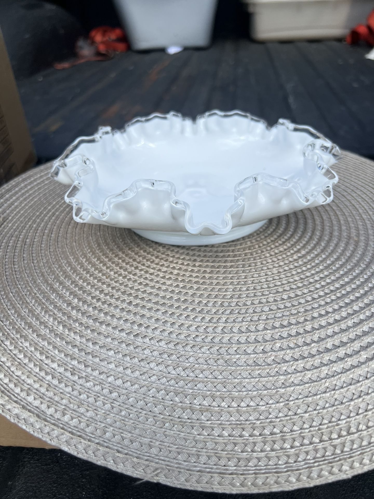 Fenton Milk White Glass Silver Crest Ruffled Edge Bowl