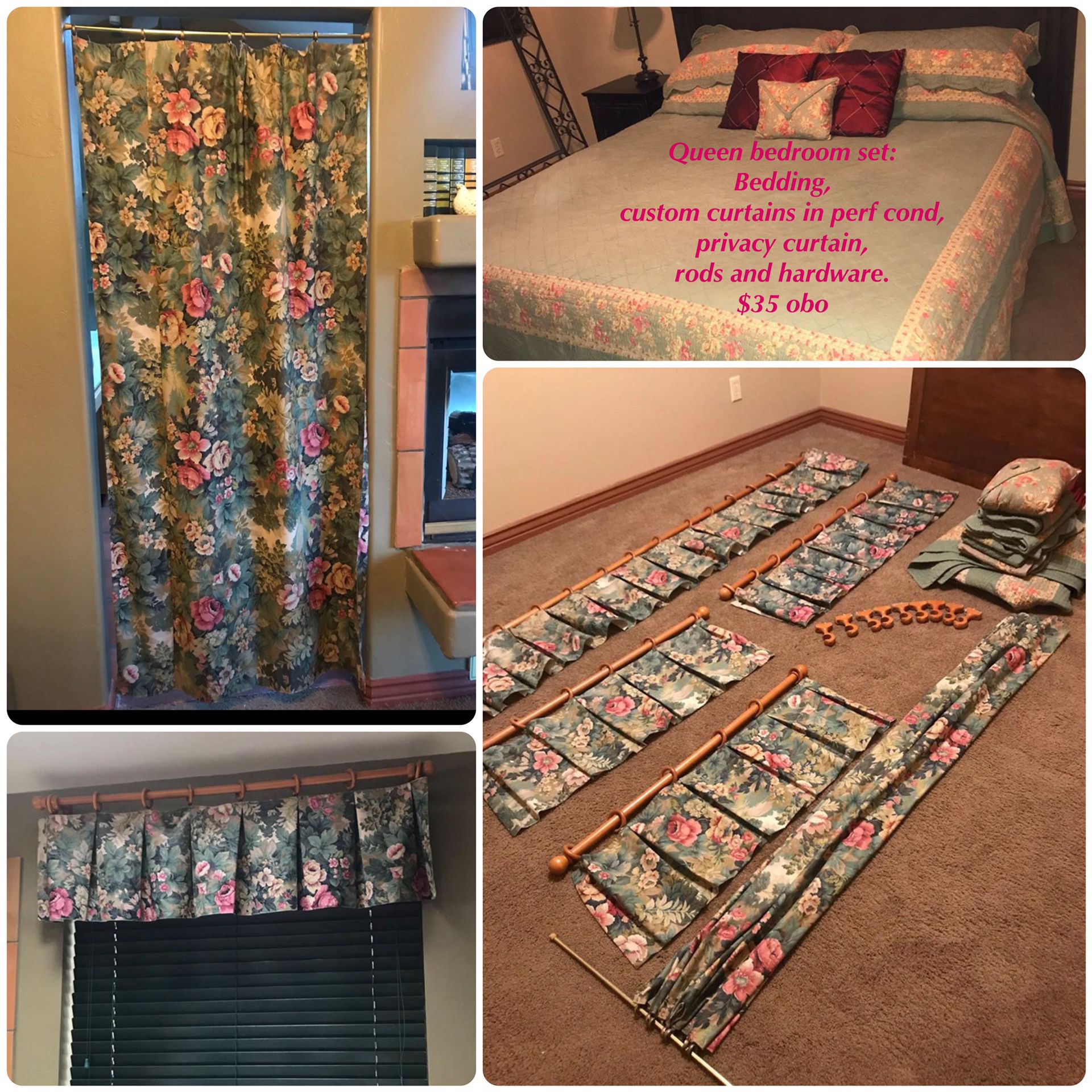 Queen bedding set, Custom curtains, rods and hardware.