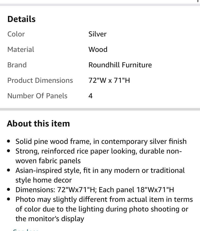 Roundhill Furniture Seto 4Panel Room Divider Screen, Silver for Sale