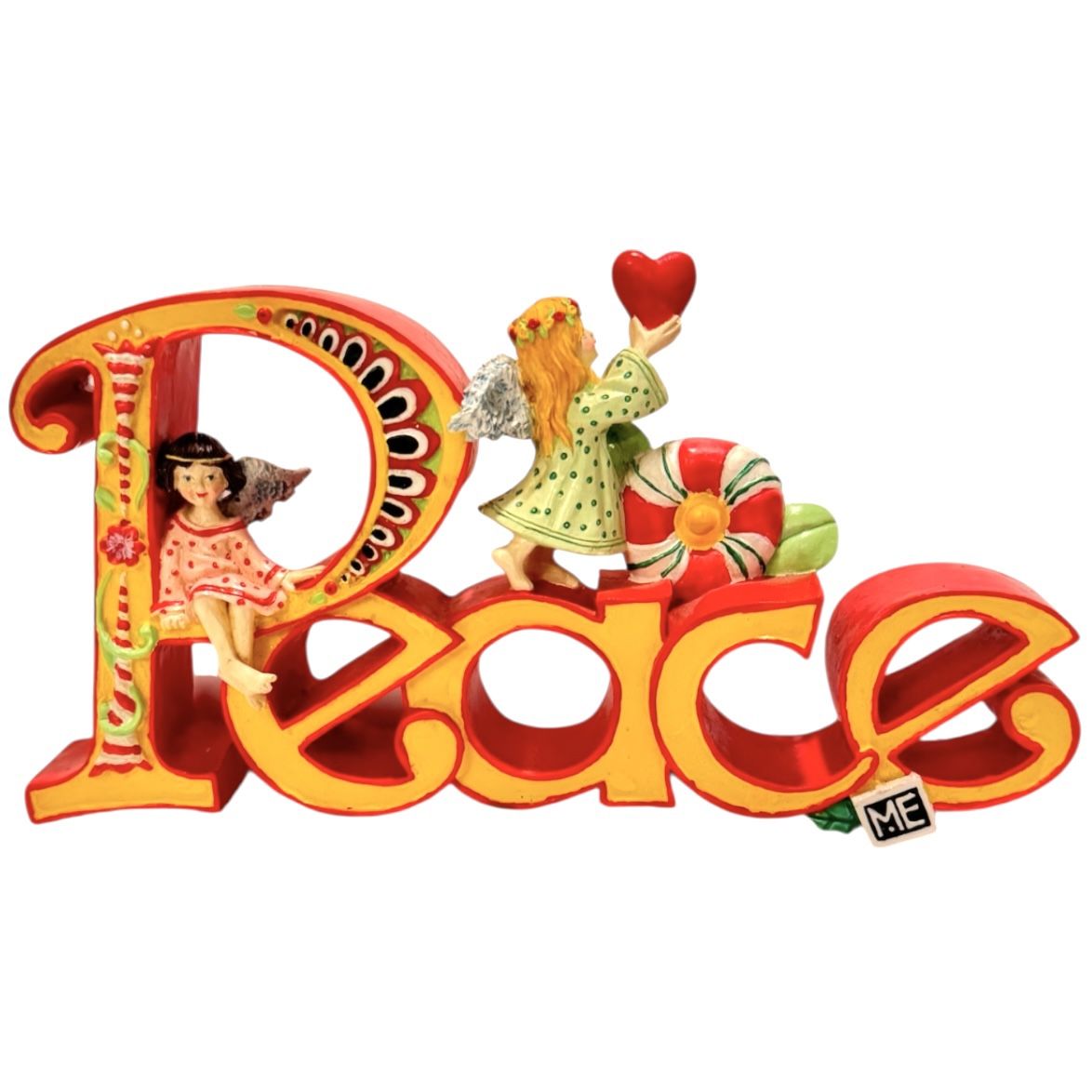 Vintage Mary Engelbreit PEACE Red & Yellow Table Decor Enesco Christmas Angel