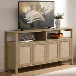 Rattan TV Stand for Television up to 65 Inch - 29.5" Tall Entertainment Center with Storage and Open Shelves,Boho Media TV Console Cabinet with 4-Door