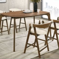 Brand New Walnut & Beige 5pc Mid Century Modern Style 5pc Counter Height Dining Table Set 