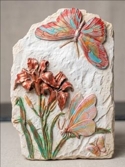 VINTAGE ORNATE 3D FLORAL FLOWER DAFFODIL BOUQUET BUTTERFLY CEMENT STONE PICTURE ACCENT WALL DECOR PLAQUE