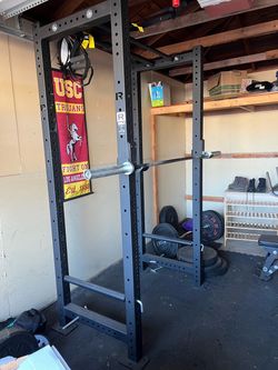 Squat rack, bench, weights