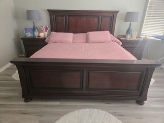 King Size Dark Wood Panel Bed Frame, mattress and two night stands