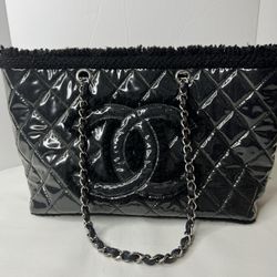 Authentic Chanel CC large pvc shearling black tote handbag for