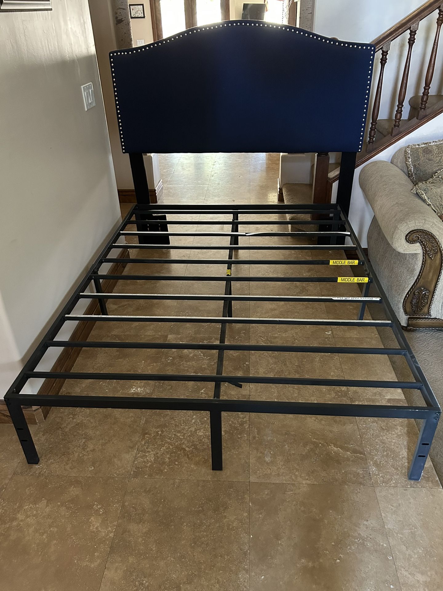 Sturdy Queen Bed Frame With Blue Headboard